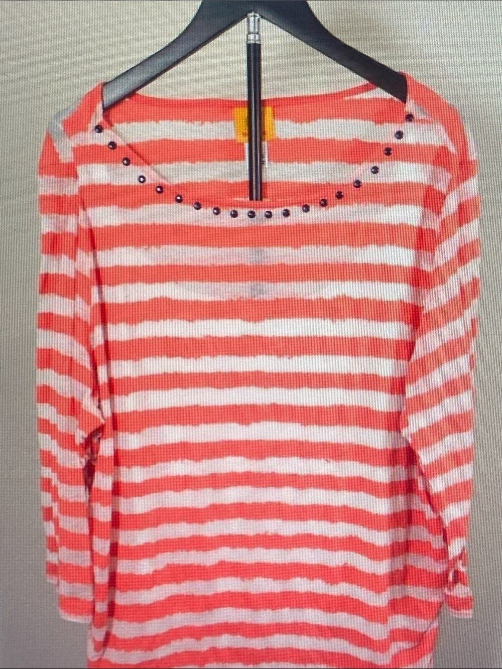 Ruby Rd. Coral and White Striped Stud-Accent Boatneck Top